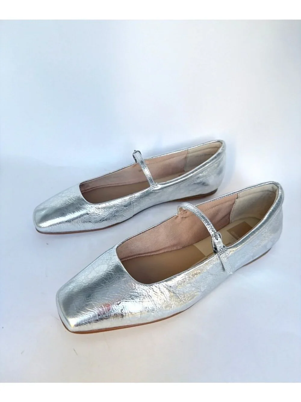 Dolce Vita Reyes Silver Distressed Leather Mary Jane Square-Toe Flats Size 6.5